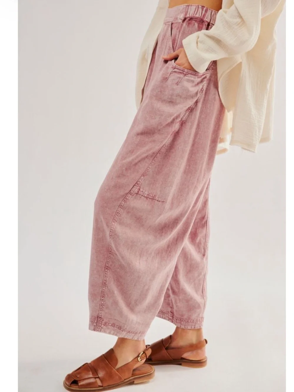 FREE PEOPLE High Road Washed Pull-On Linen Blend Barrel Pants in Blushed Tint - Picture 3 of 6
